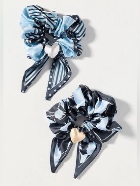 NWT Anthropologie Scarf Hair Scrunchie with Heart Charm, Set of 2, Blue